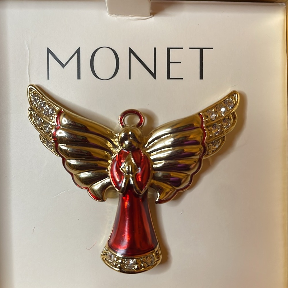 Monet Red Enamel & Gold-Tone Angel Brooch